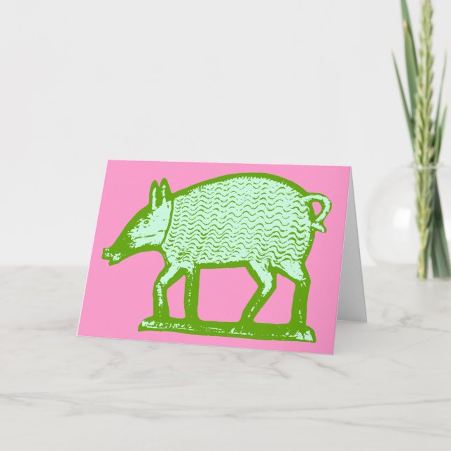 Green Pig Greeting Card: Primitive Folk Art Design Card (Front)