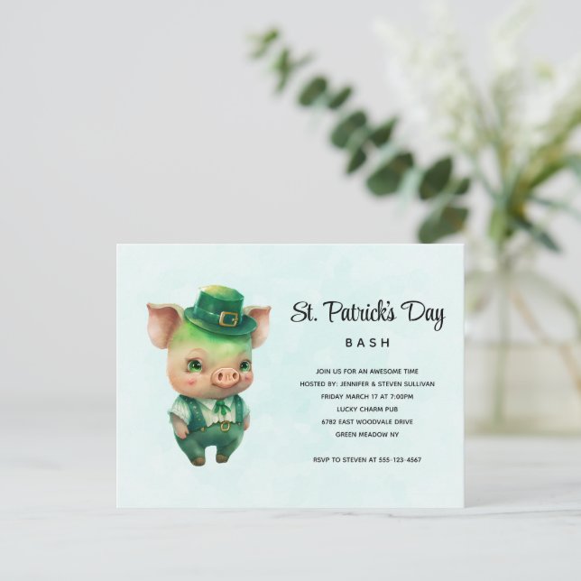 Green Pig in Fancy Attire St. Paddy's Day Party Invitation Postcard (Standing Front)