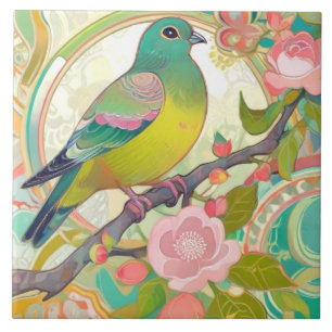 Green Pigeon Bird Pink Floral Spring Flowers Aqua Tile