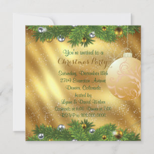 Green Pine Bough Gold Christmas Party Invitation