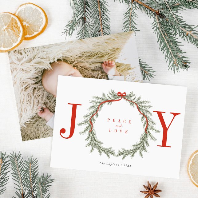 Green Pine Branch Garland JOY Christmas Photo Holiday Card (Creator Uploaded)