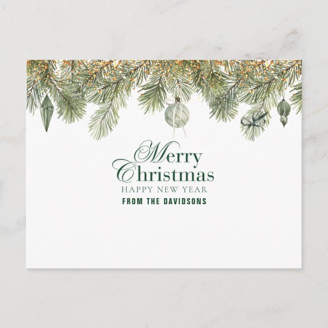 Green pine branch with christmas ornaments postcard (Front)