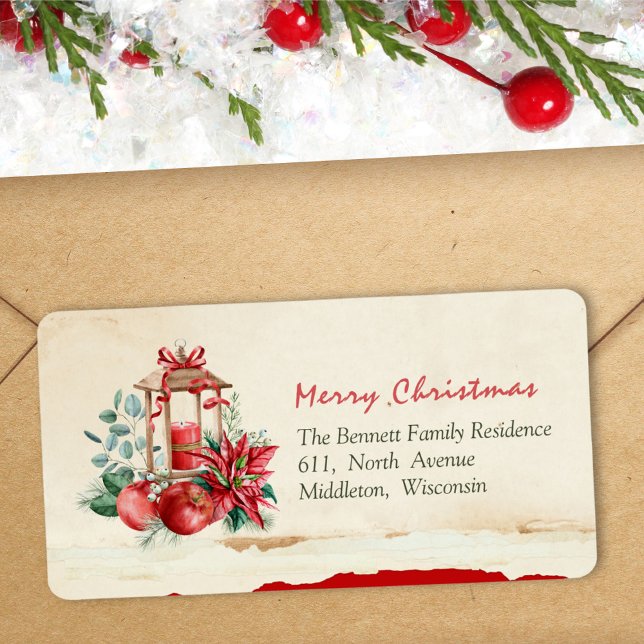 Green Pine Christmas Red Poinsettia Return Address Label (Creator Uploaded)