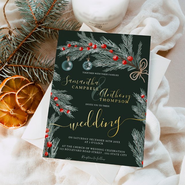 Green pine Christmas winter photo wedding (Green pine Christmas winter photo wedding Foil Invitation)