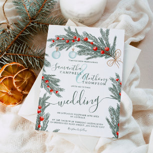 Green pine Christmas winter photo wedding Invitation