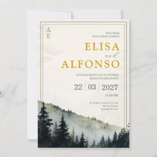 Green Pine Classic Watercolor Monogram Wedding Invitation