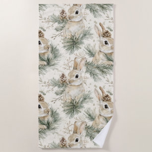 Green Pine Cones Bunny Rabbits Christmas Beach Towel