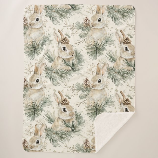 Green Pine Cones Bunny Rabbits Christmas Sherpa Blanket (Front)