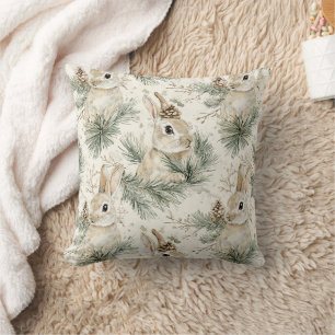 Green Pine Cones Bunny Rabbits Christmas Throw Pillow