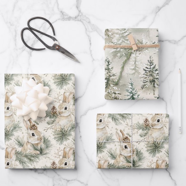 Green Pine Cones Bunny Rabbits Christmas Wrapping Paper Sheet (Front)