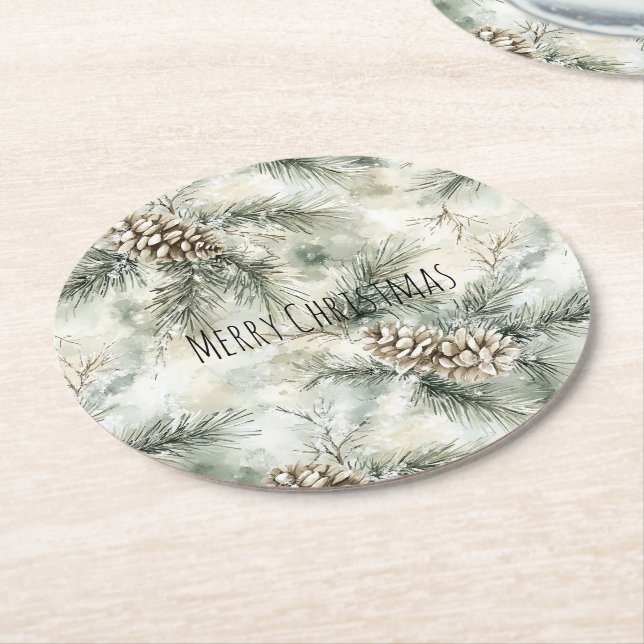 Green  Pine Cones Christmas Round Paper Coaster (Angled)