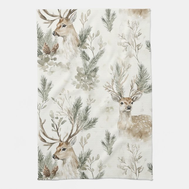 Green Pine Cones Deer Christmas Kitchen Towel (Vertical)