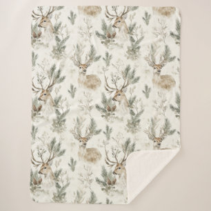 Green Pine Cones Deer Christmas Sherpa Blanket