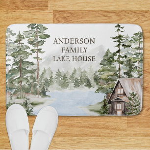 Green Pine Forest Family Lake House Cabin Bath Mat