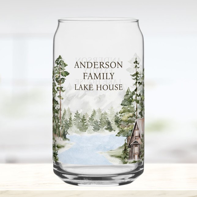 Green Pine Forest Family Lake House Cabin Can Glass (In situ)