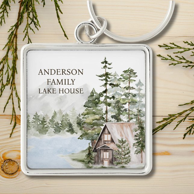 Green Pine Forest Family Lake House Cabin Keychain (In situ)