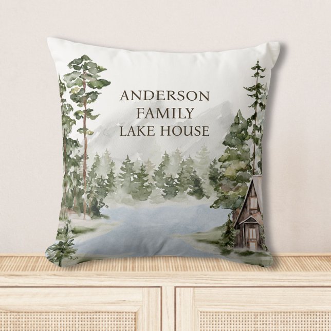 Green Pine Forest Family Lake House Cabin Throw Pillow (In situ)