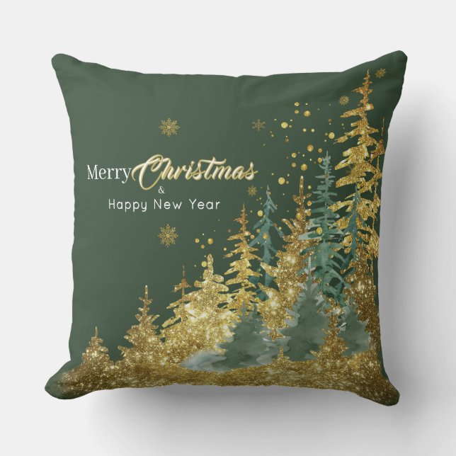 Green Pine Forest Merry Christmas Throw Pillow (Front)