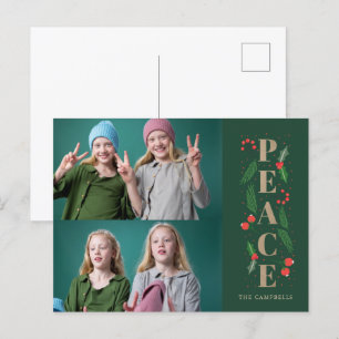 Green Pine Holly Berries Peace Multiple Photo Holiday Postcard
