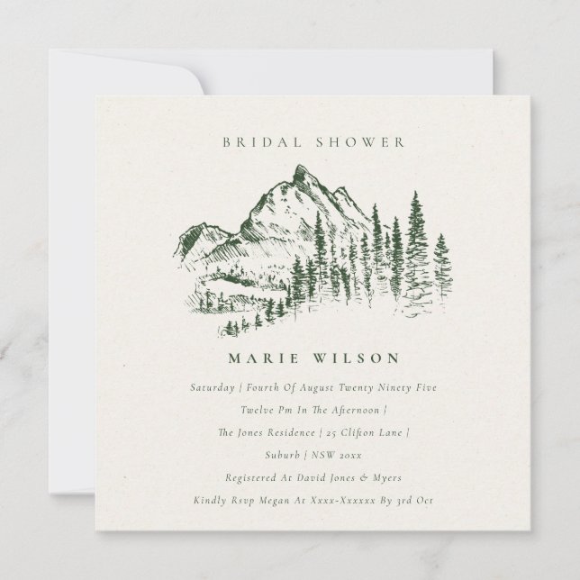 Green Pine Mountain Sketch Bridal Shower Invite (Front)