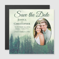 Green Pine Rustic Oval Photo Wedding Save the Date