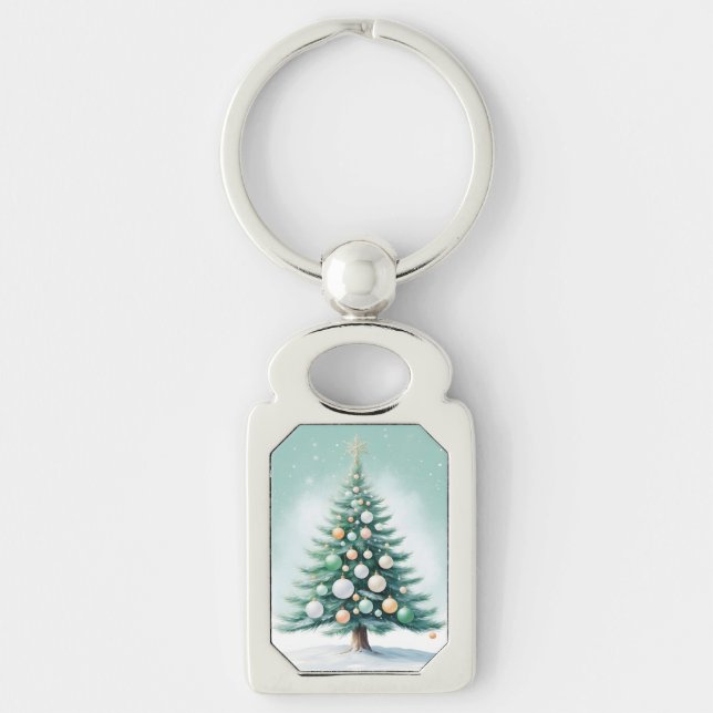 Green Pine Tree and Background | Silver Green Oran Keychain (Front)