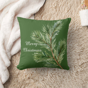 Green Pine Tree Branch Christmas Throw Pillow