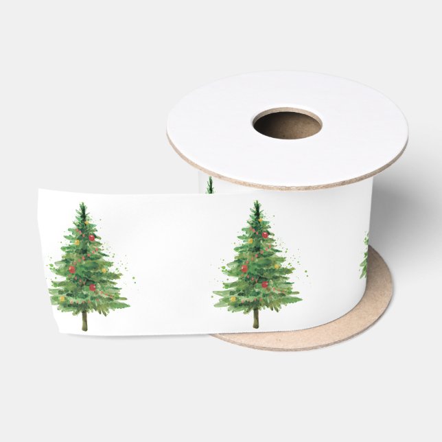Green Pine Tree Christmas Balls Satin Ribbon (Spool)