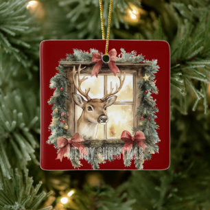 Green Pine Tree Christmas Deer in Window Ceramic Ornament