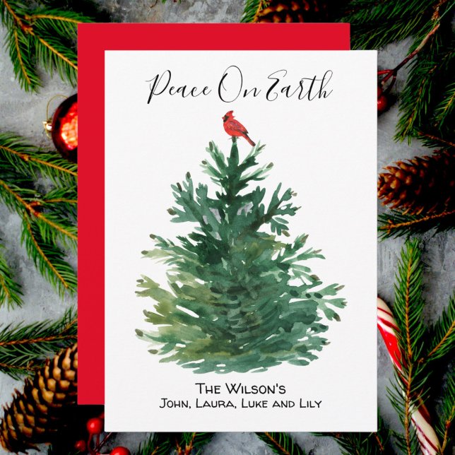 Green Pine Tree Red Cardinal Peace on Earth Custom Holiday Card (Creator Uploaded)