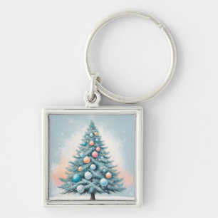 Green Pine Tree & Snowflakes Blue Orange Coral O Keychain