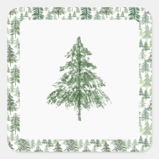 Green Pine Tree Stamp Christmas Square Sticker
