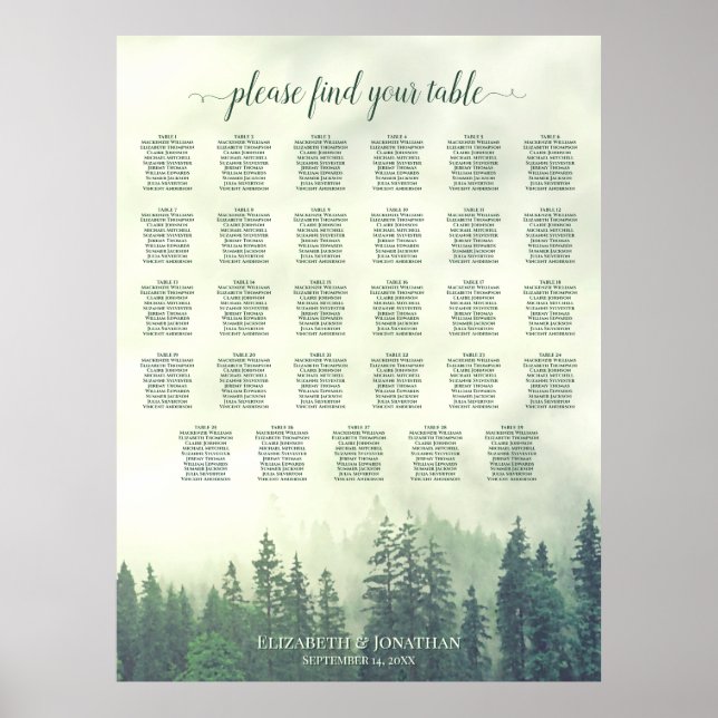 Green Pine Trees 29 Table Wedding Seating Chart (Front)
