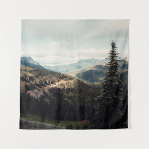 GREEN PINE TREES ON MOUNTAIN UNDER WHITE CLOUDS DU TAPESTRY