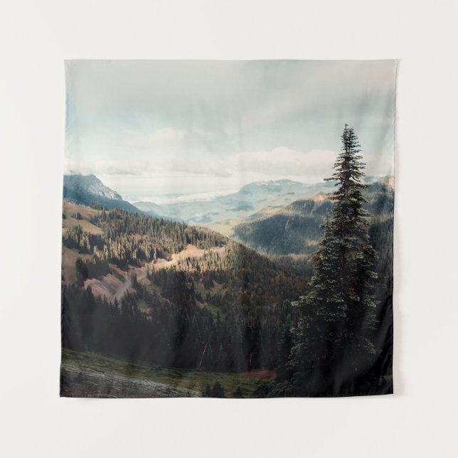 GREEN PINE TREES ON MOUNTAIN UNDER WHITE CLOUDS DU TAPESTRY (Front)