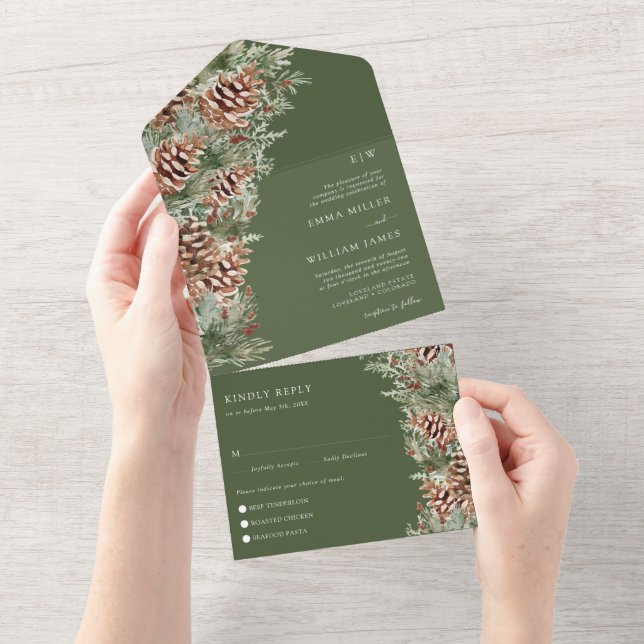 Green Pine Wedding All In One Invitation (Tearaway)