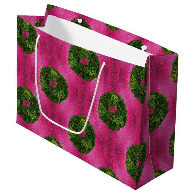Green Pine Whimsical Wreaths on Pink Christmas Large Gift Bag (Front Angled)