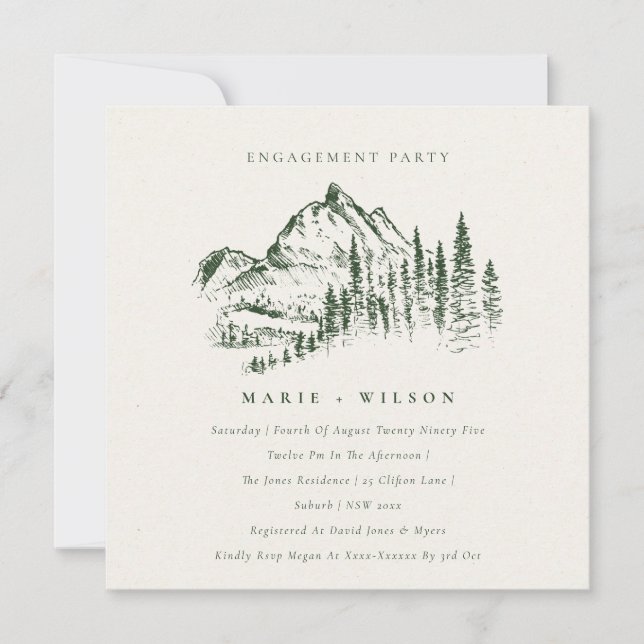 Green Pine Woods Mountain Sketch Engagement Invite (Front)