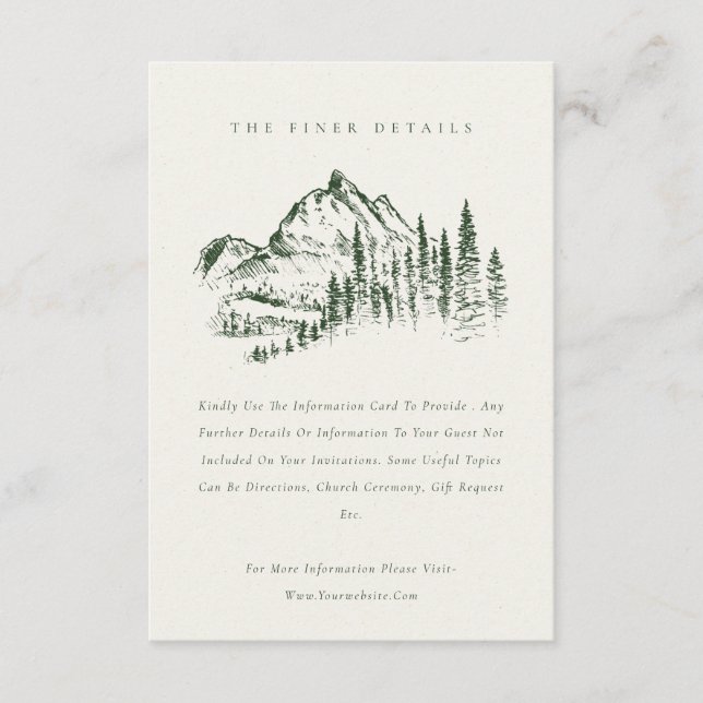 Green Pine Woods Mountain Sketch Wedding Details Enclosure Card (Front)