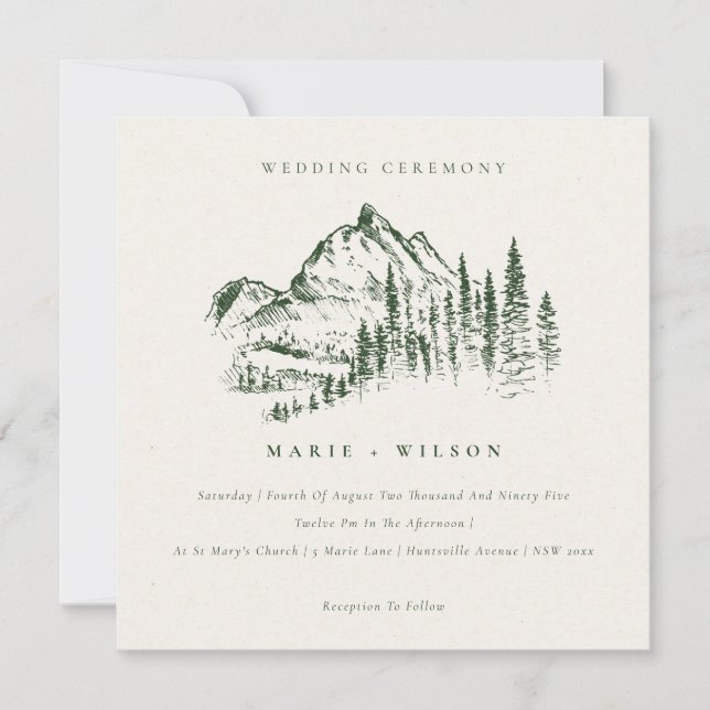 Green Pine Woods Mountain Sketch Wedding Invite (Front)