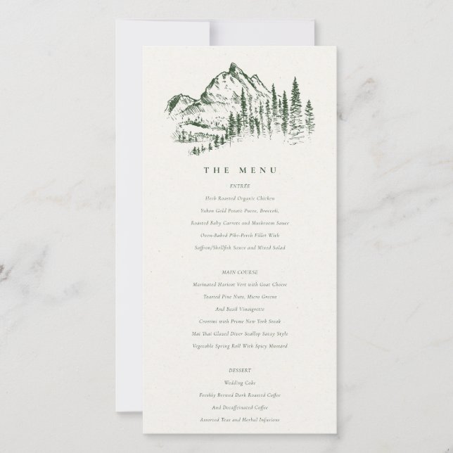 Green Pine Woods Mountain Sketch Wedding Menu Card (Front)