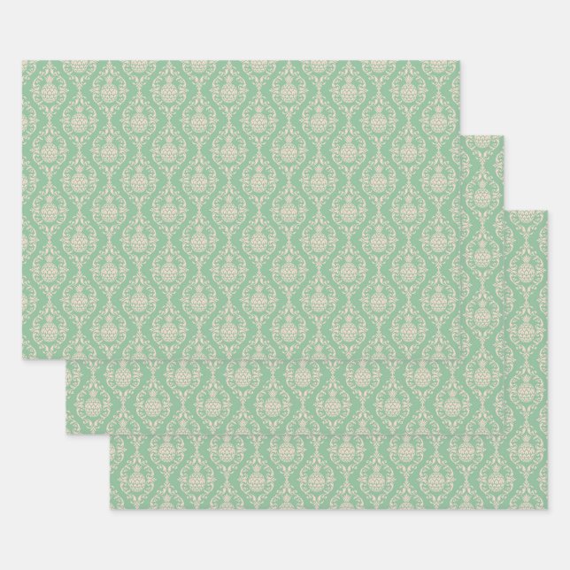 Green Pineapple Damask Wrapping Paper Sheet (Set)