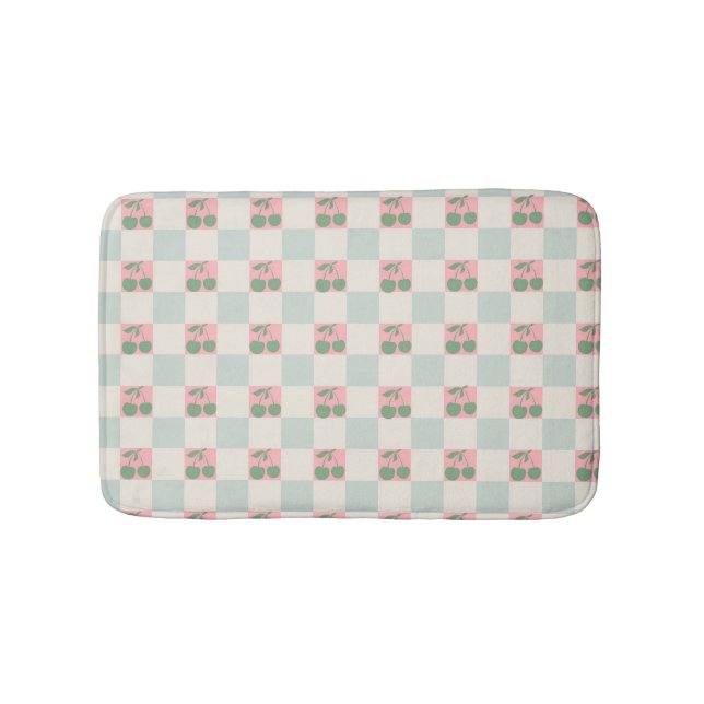Green Pink Aesthetic Cherry Chequered Y2K Pattern Bath Mat (Front)