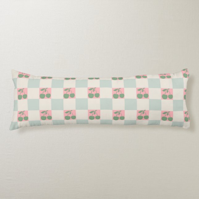 Green Pink Aesthetic Cherry Chequered Y2K Pattern Body Pillow (Front)