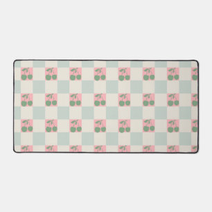 Green Pink Aesthetic Cherry Chequered Y2K Pattern Desk Mat