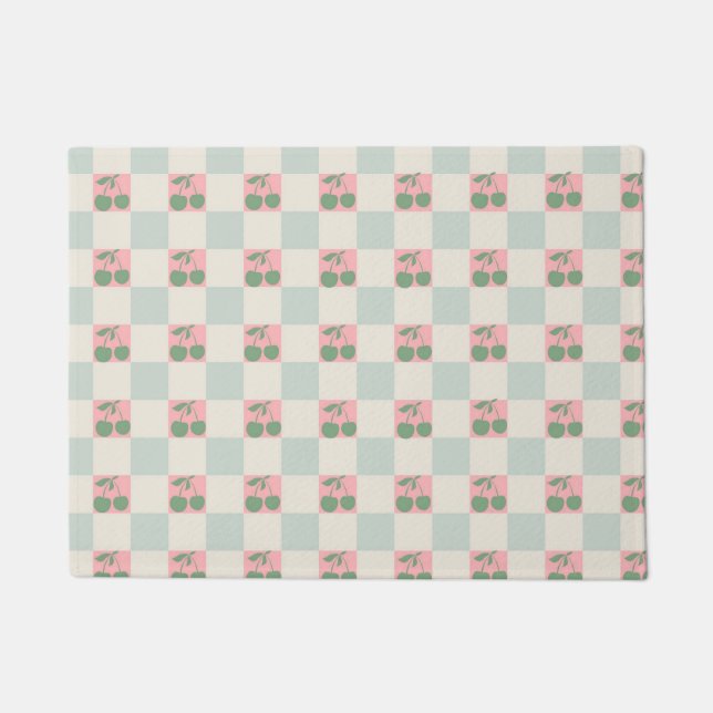 Green Pink Aesthetic Cherry Chequered Y2K Pattern Doormat (Front)