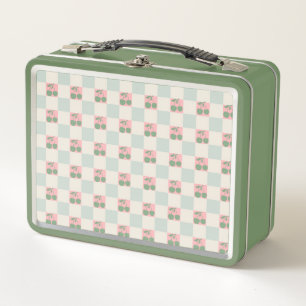 Green Pink Aesthetic Cherry Chequered Y2K Pattern Metal Lunch Box