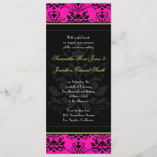 Green Pink and Black Damask Slim Wedding Invite