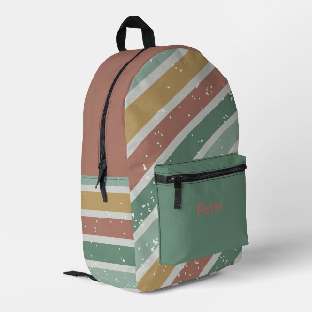 Green Pink and Gold Diagonal Stripes Printed Backpack (Back Corner Left)
