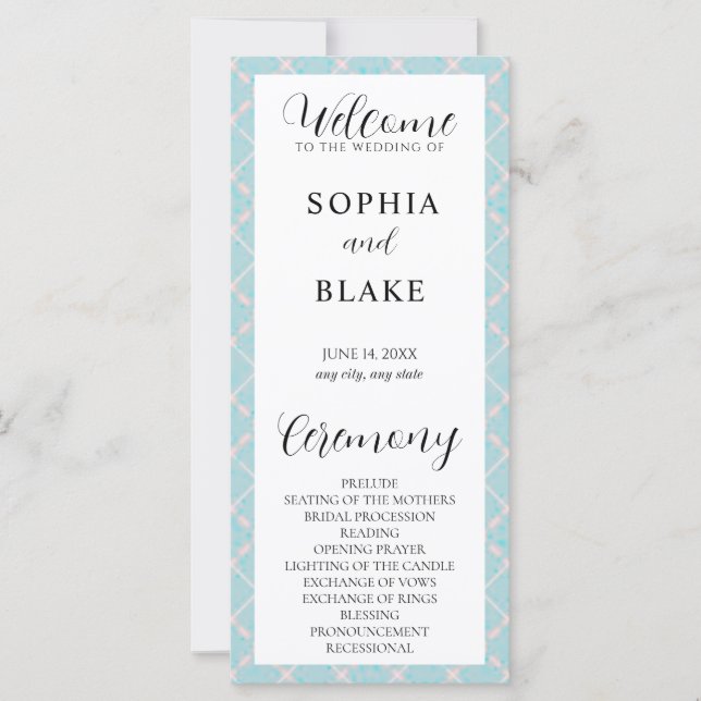 Green, Pink and White Plaid Wedding Program (Front)